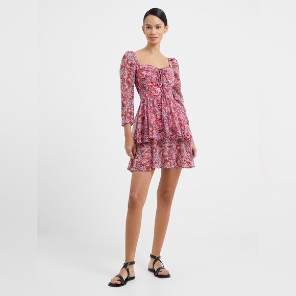 French Connection Fotini Recycled Hallie Tiered Mini Dress in Sea Pink Size 6 US - Picture 3 of 11